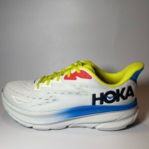 Hoka Kids White and Blue Sneakers with Yellow Accents